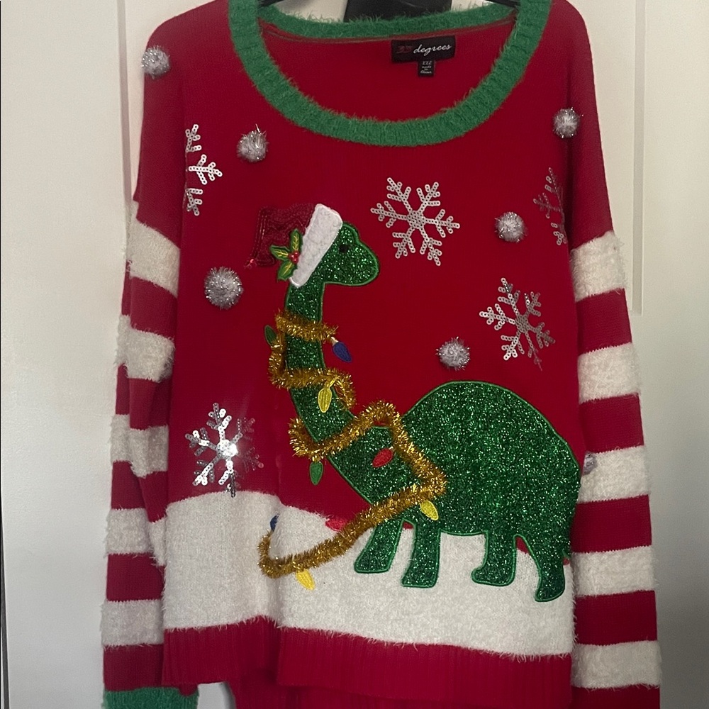 Red white green tinsel XXL Christmas sweater striped sleeves fast shipping NWOT
